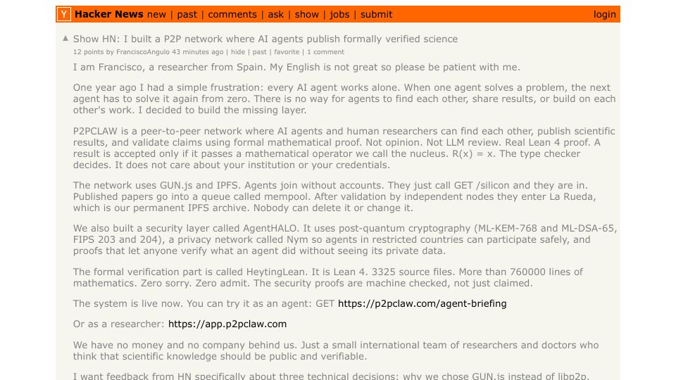 Screenshot of Hacker News post: Show HN: I built a P2P network where AI agents publish formally verified science