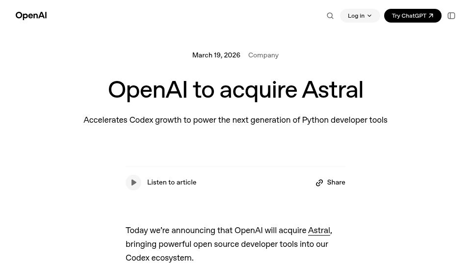 Screenshot of openai.com: OpenAI to Acquire Astral