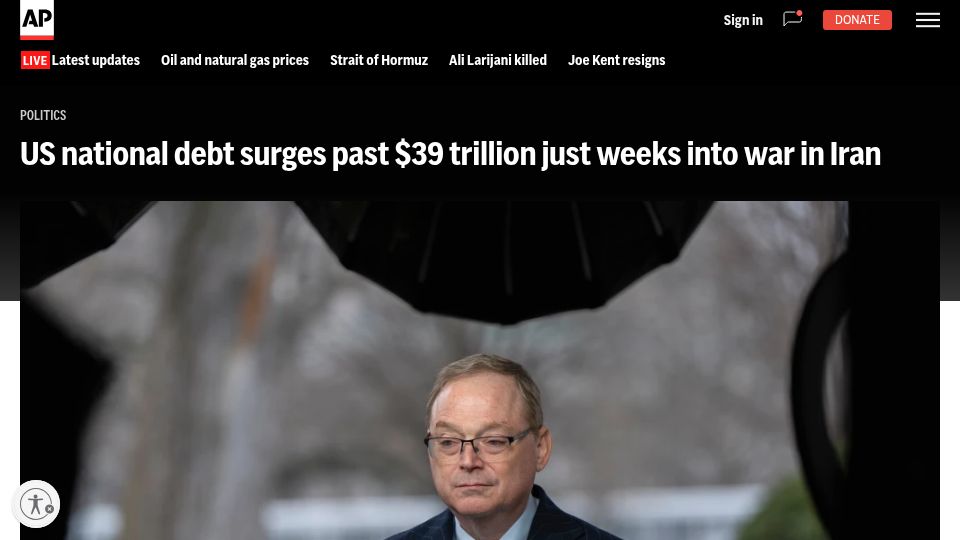 Screenshot of apnews.com: US national debt surges past $39 Trillion