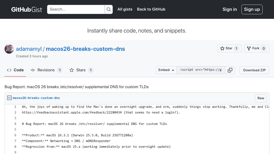 Screenshot of gist.github.com: macOS 26 breaks custom DNS settings including .internal