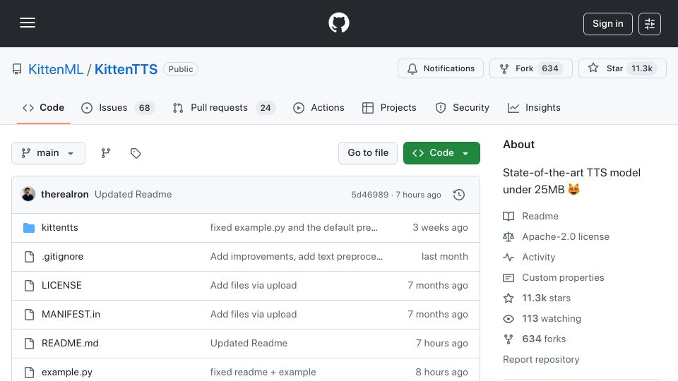 Screenshot of github.com: Show HN: Three new Kitten TTS models – smallest less than 25MB
