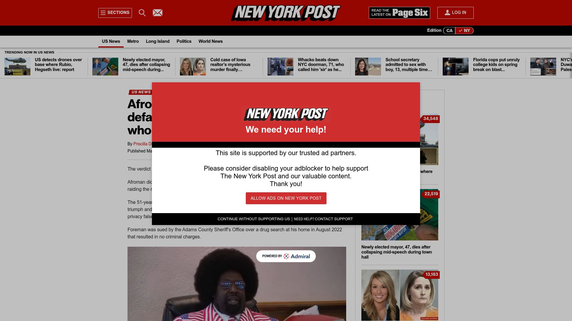 Screenshot of nypost.com: Afroman found not liable in defamation case