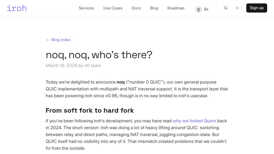 Screenshot of iroh.computer: Noq: n0's new QUIC implementation in Rust
