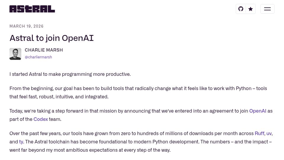 Screenshot of astral.sh: Astral to Join OpenAI