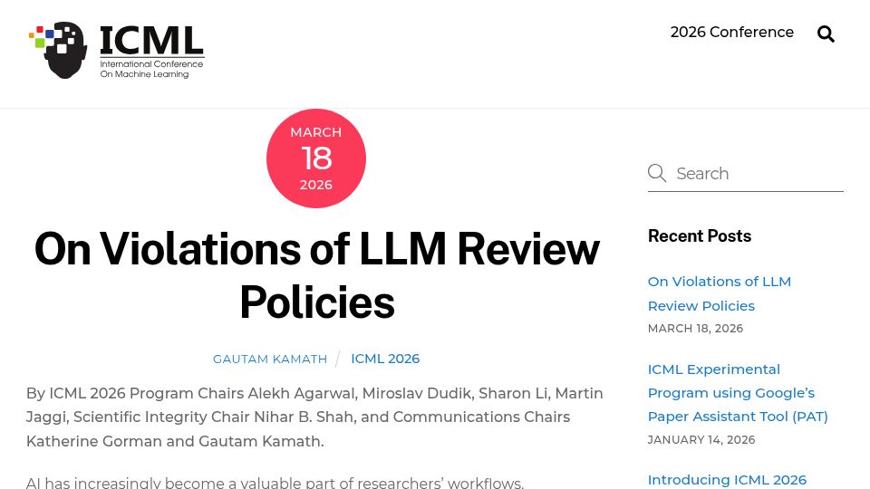 Screenshot of blog.icml.cc: 2% of ICML papers desk rejected because the authors used LLM in their reviews