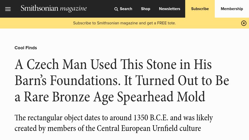Screenshot of smithsonianmag.com: Czech Man's Stone in Barn's Foundations Is Rare Bronze Age Spearhead Mold