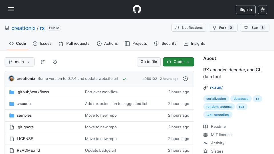 Screenshot of github.com: RX – a new random-access JSON alternative