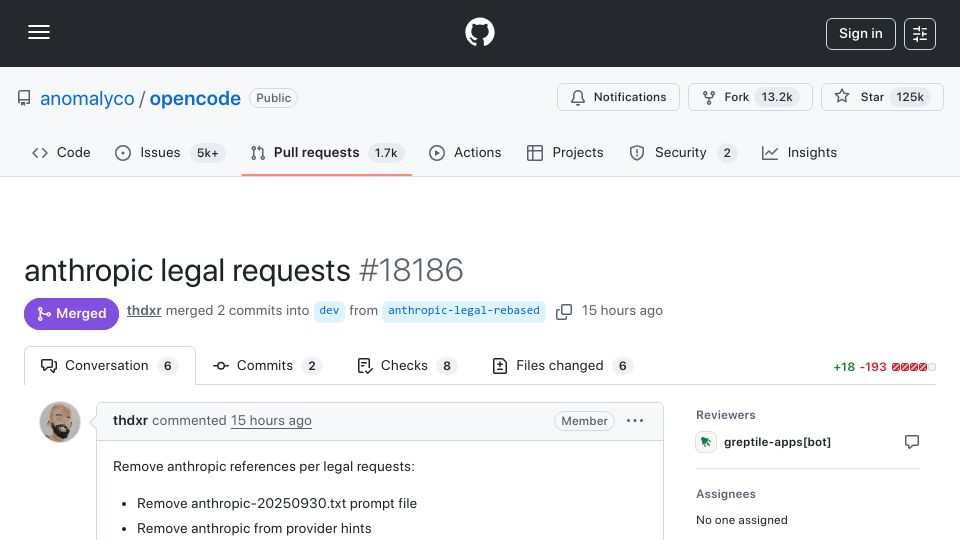 Screenshot of github.com: Anthropic takes legal action against OpenCode