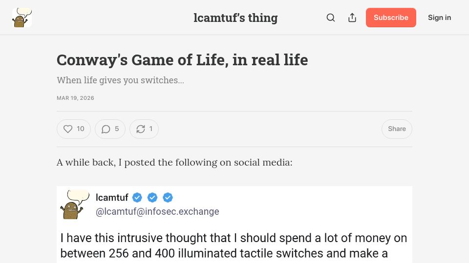 Screenshot of lcamtuf.substack.com: Conway's Game of Life, in real life