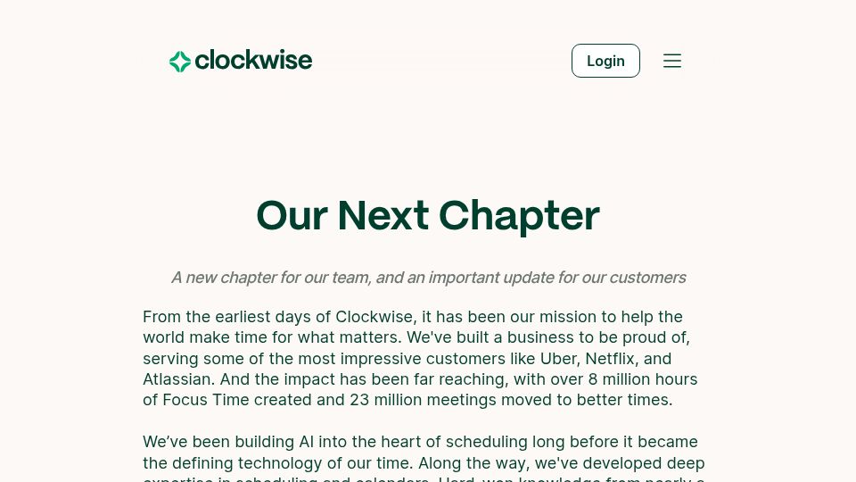 Screenshot of getclockwise.com: Clockwise acquired by Salesforce