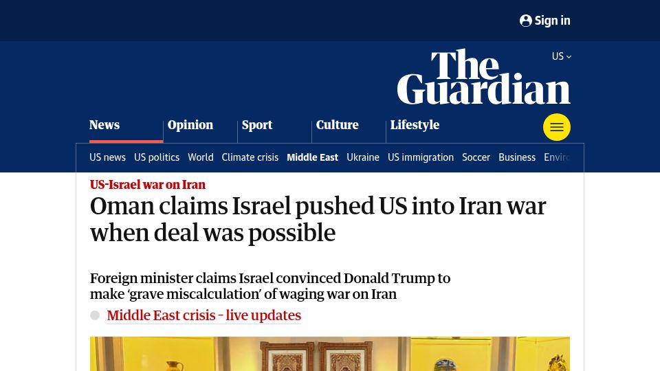 Screenshot of theguardian.com: US has "lost control of its own foreign policy", Oman says