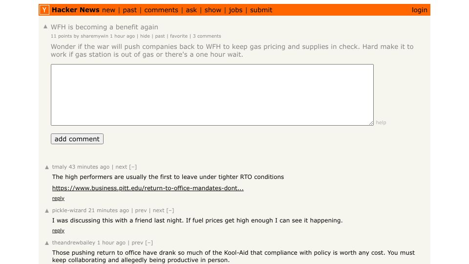 Screenshot of Hacker News post: WFH is becoming a benefit again