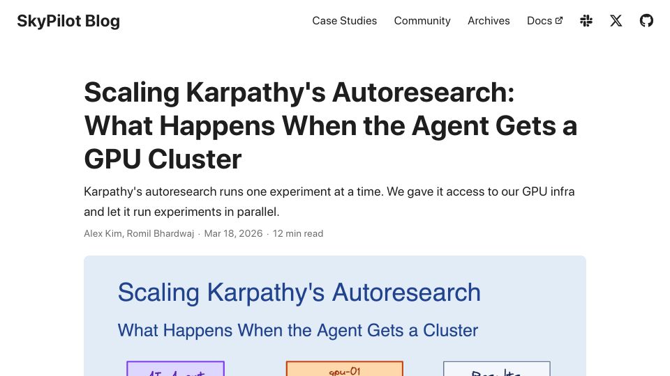 Screenshot of blog.skypilot.co: Scaling Karpathy's Autoresearch: What Happens When the Agent Gets a GPU Cluster