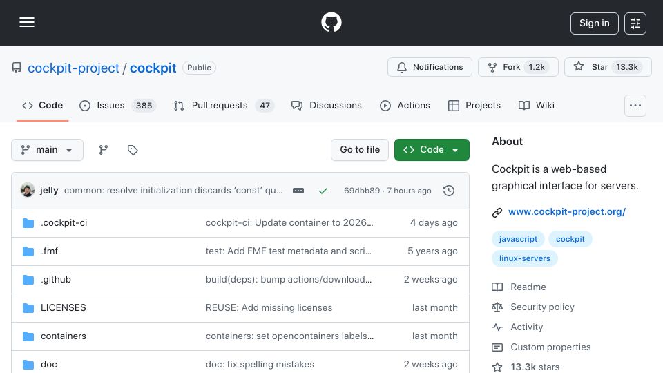 Screenshot of github.com: Cockpit is a web-based graphical interface for servers