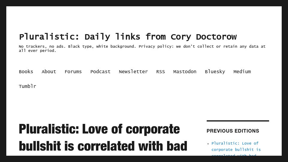 Screenshot of pluralistic.net: Love of corporate bullshit is correlated with bad judgment