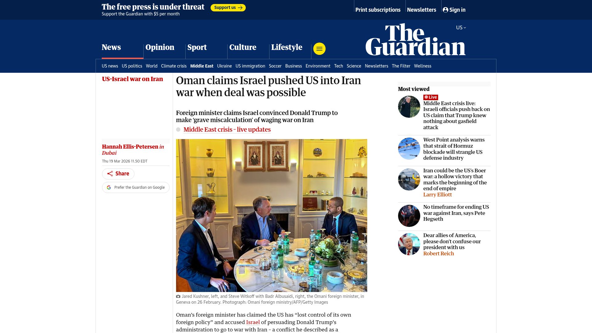 Screenshot of theguardian.com: US has "lost control of its own foreign policy", Oman says