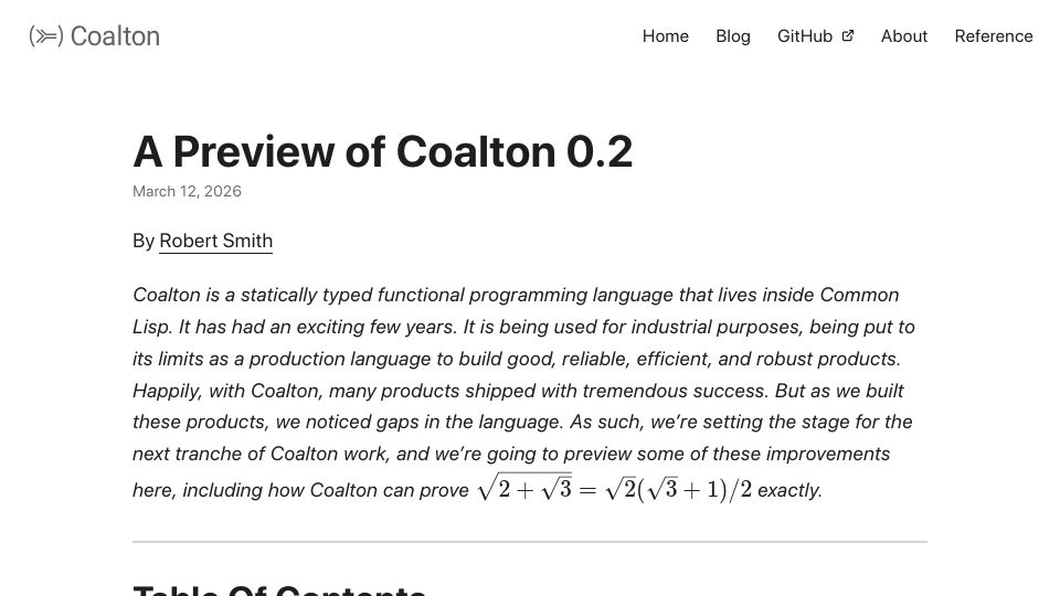 Screenshot of coalton-lang.github.io: A Preview of Coalton 0.2