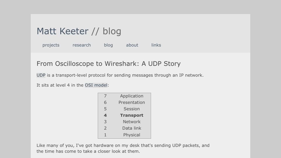 Screenshot of mattkeeter.com: From Oscilloscope to Wireshark: A UDP Story (2022)