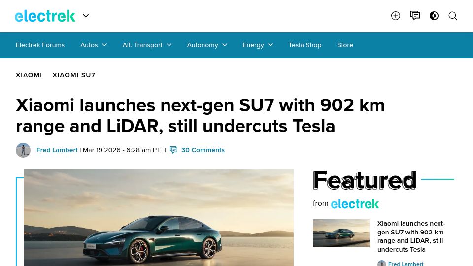 Screenshot of electrek.co: Xiaomi launches next-gen SU7 with 902 km range and Lidar, still undercuts Tesla