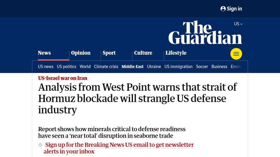 Screenshot of theguardian.com: The strait of Hormuz blockade will strangle US defense industry
