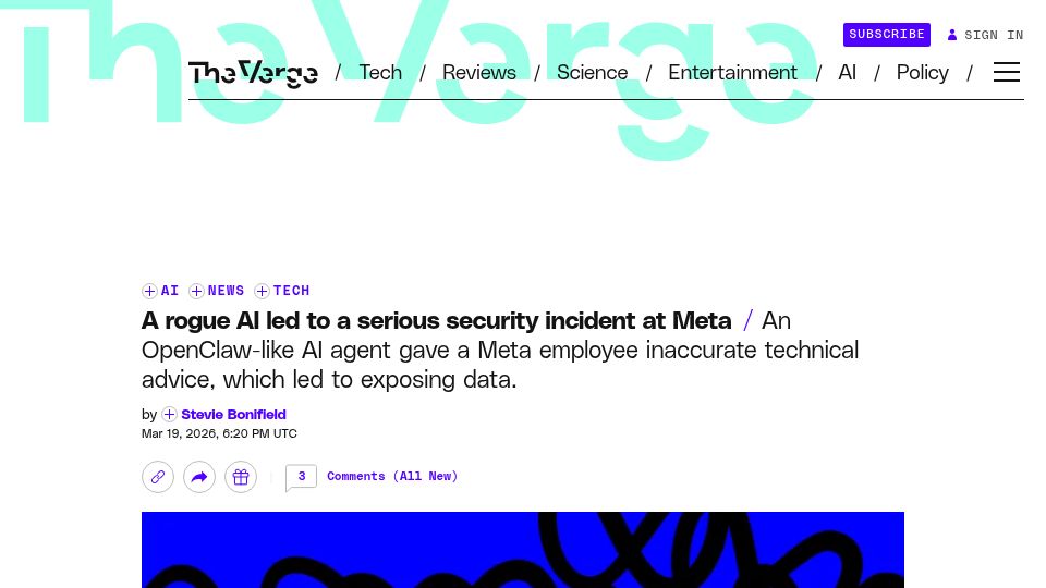 Screenshot of theverge.com: A rogue AI led to a serious security incident at Meta