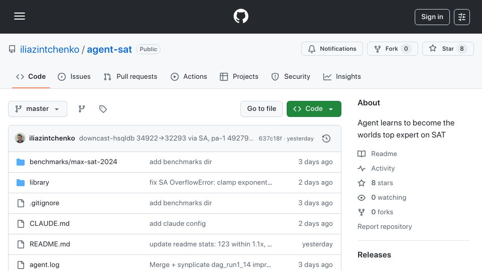 Screenshot of github.com: Autoresearch for SAT Solvers
