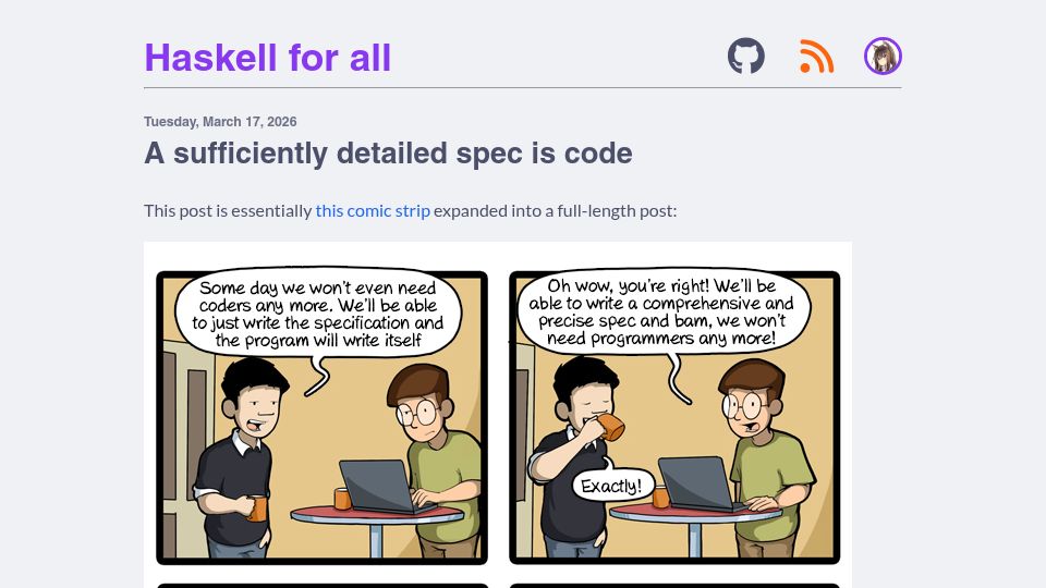 Screenshot of haskellforall.com: A sufficiently detailed spec is code