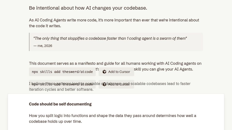 Screenshot of aicode.swerdlow.dev: Be intentional about how AI changes your codebase
