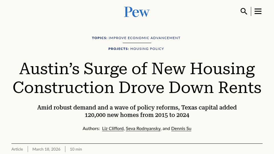 Screenshot of pew.org: Austin’s surge of new housing construction drove down rents