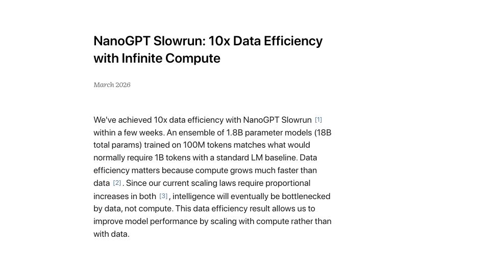 Screenshot of qlabs.sh: NanoGPT Slowrun: 10x Data Efficiency with Infinite Compute