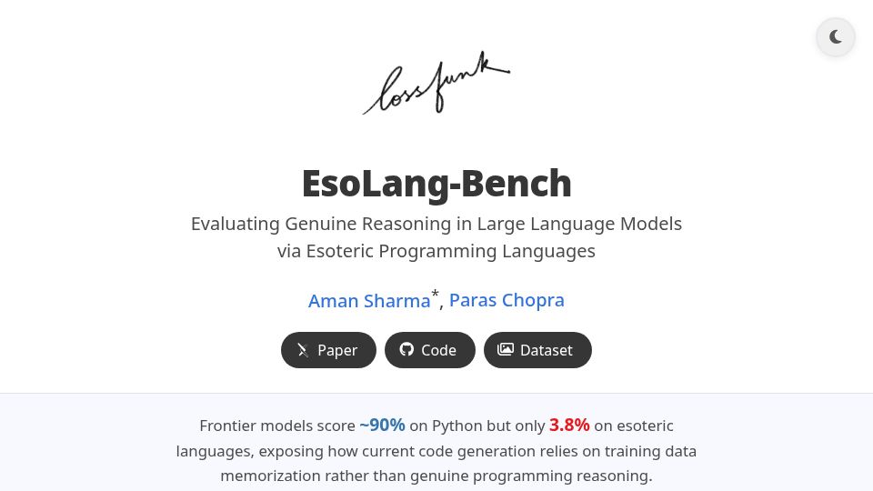 Screenshot of esolang-bench.vercel.app: EsoLang-Bench: Evaluating Genuine Reasoning in LLMs via Esoteric Languages