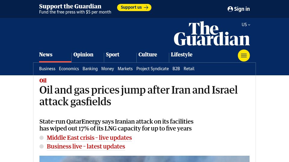 Screenshot of theguardian.com: Oil and gas prices jump after Iran and Israel attack gasfields