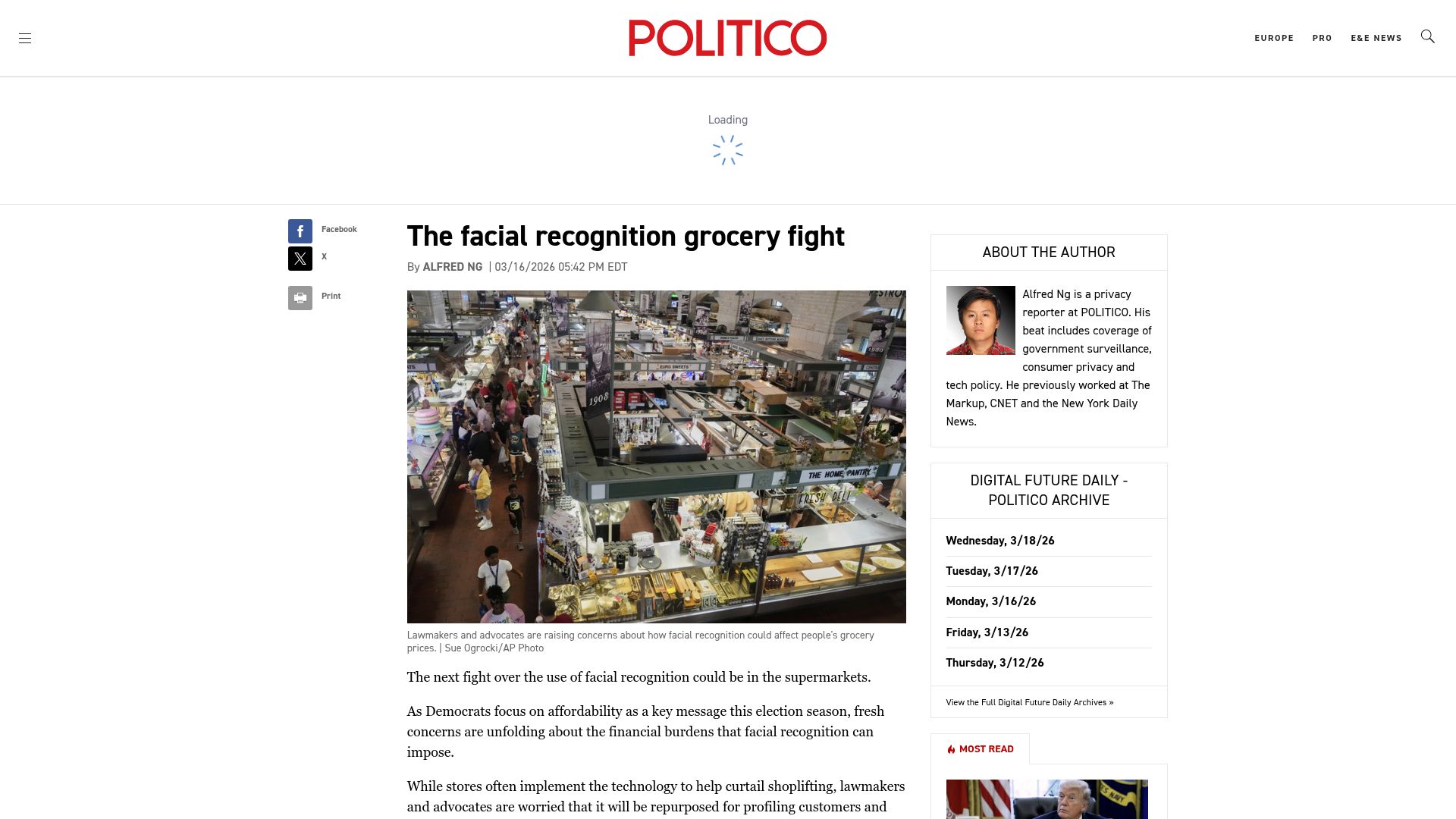 Screenshot of politico.com: The next fight over the use of facial recognition could be in the supermarkets