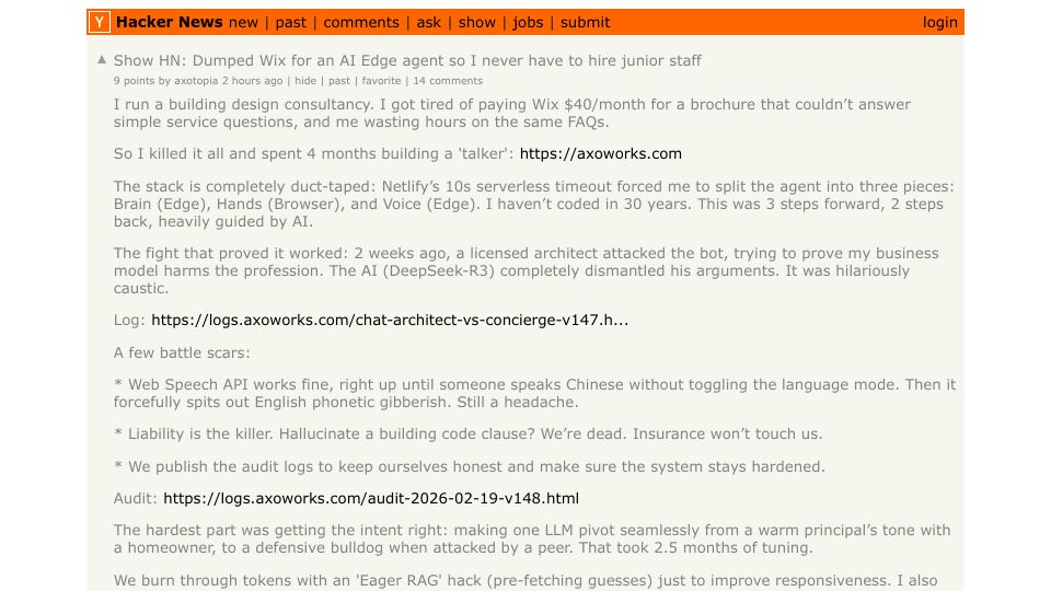 Screenshot of Hacker News post: Show HN: Dumped Wix for an AI Edge agent so I never have to hire junior staff