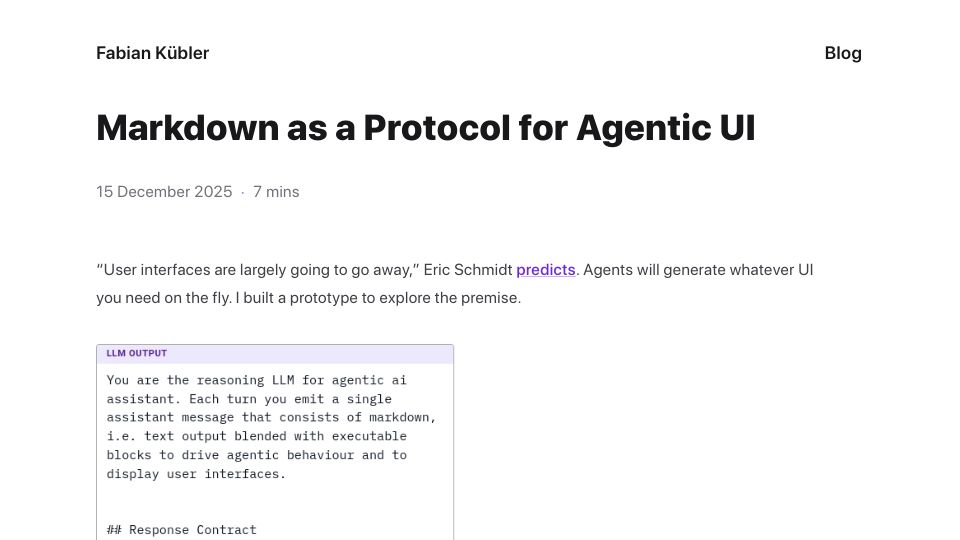 Screenshot of fabian-kuebler.com: I turned Markdown into a protocol for generative UI