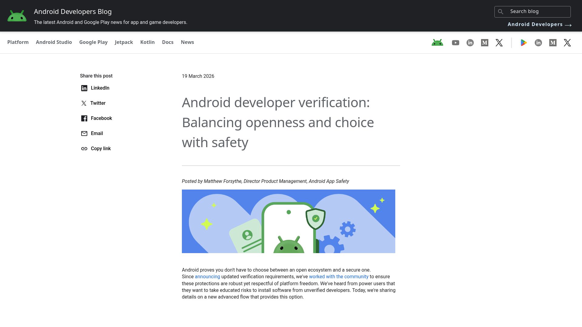 Screenshot of android-developers.googleblog.com: Android developer verification: Balancing openness and choice with safety