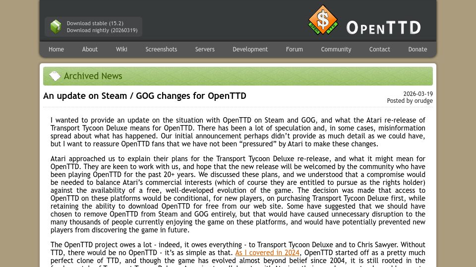 Screenshot of openttd.org: An update on Steam / GOG changes for OpenTTD