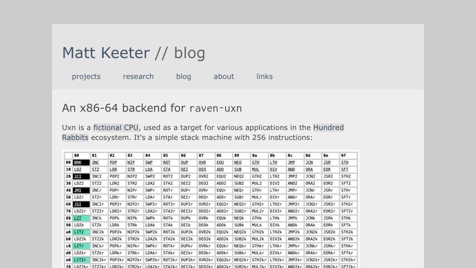 Screenshot of mattkeeter.com: An x86-64 back end for raven-uxn