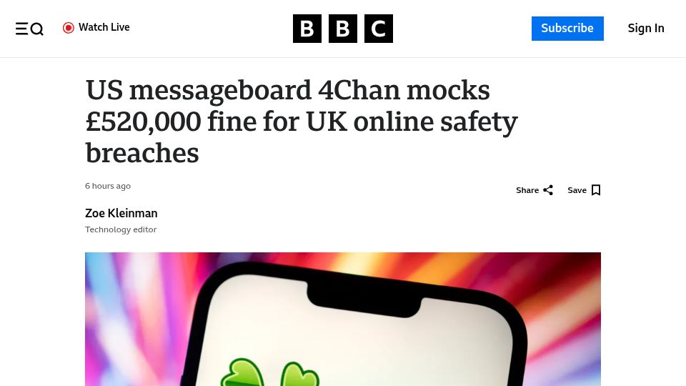 Screenshot of bbc.com: 4Chan mocks £520k fine for UK online safety breaches