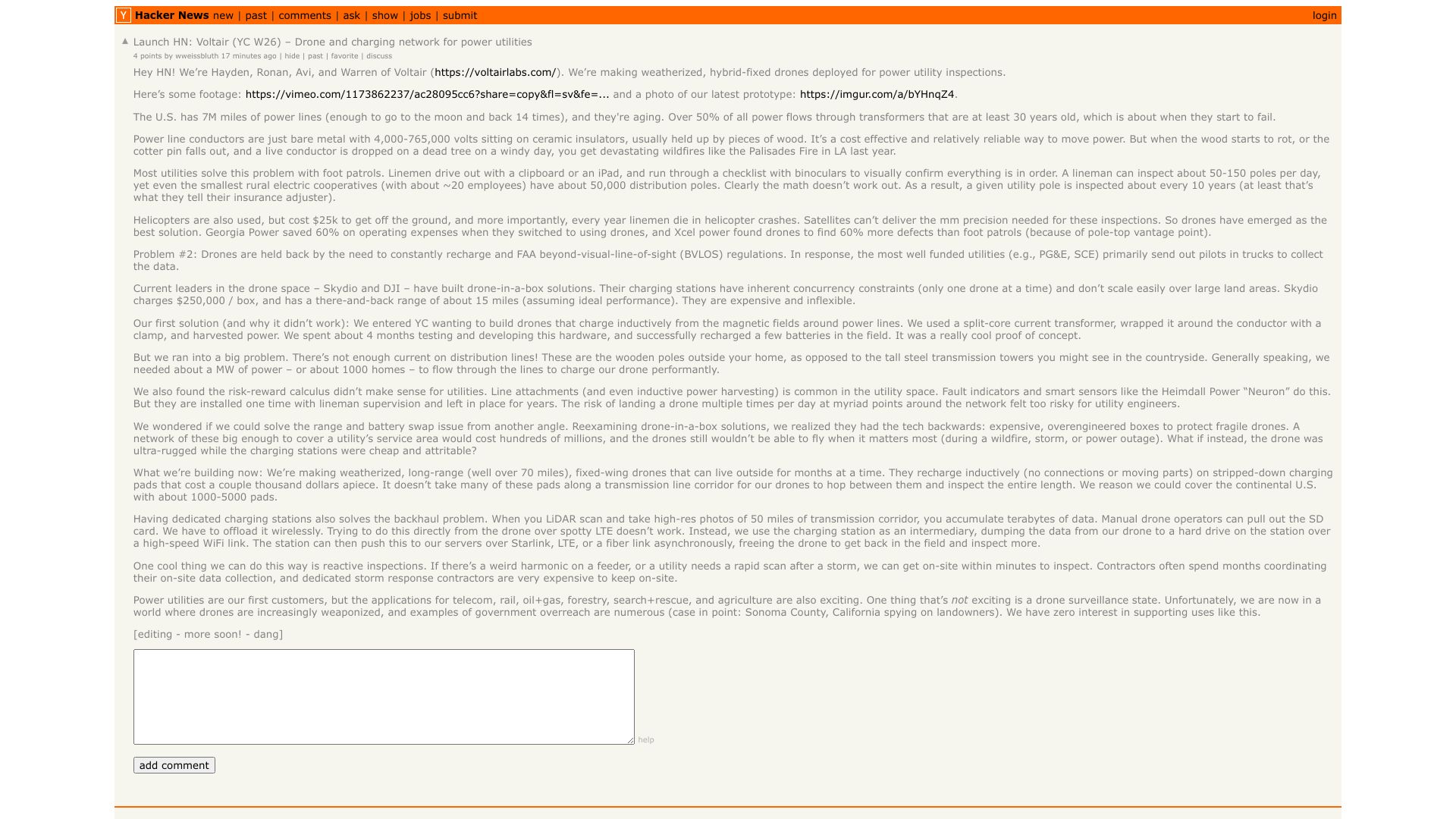 Screenshot of this Hacker News post: Launch HN: Voltair (YC W26) – Drone and charging network for power utilities