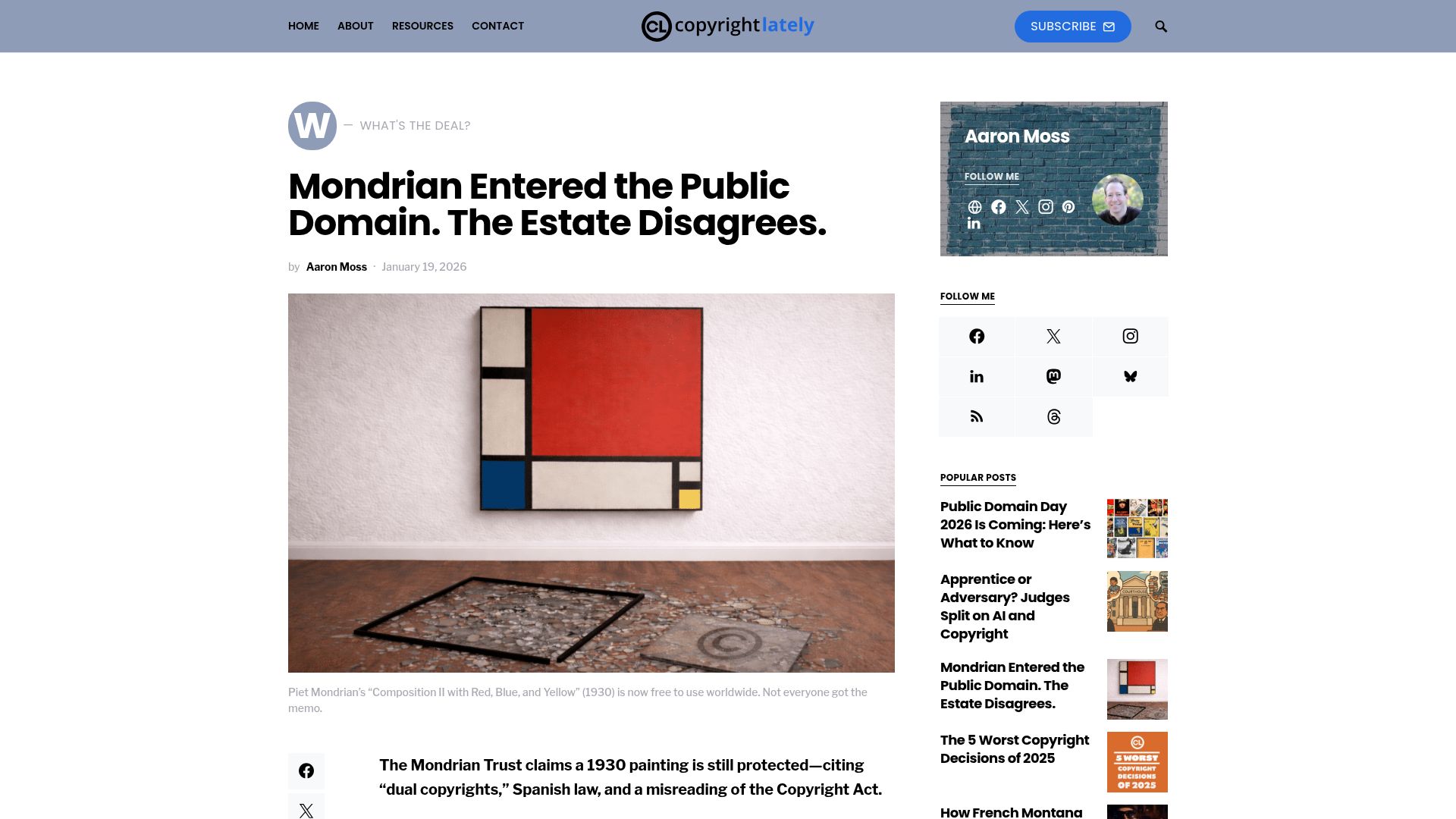 Screenshot of copyrightlately.com: Mondrian Entered the Public Domain. The Estate Disagrees
