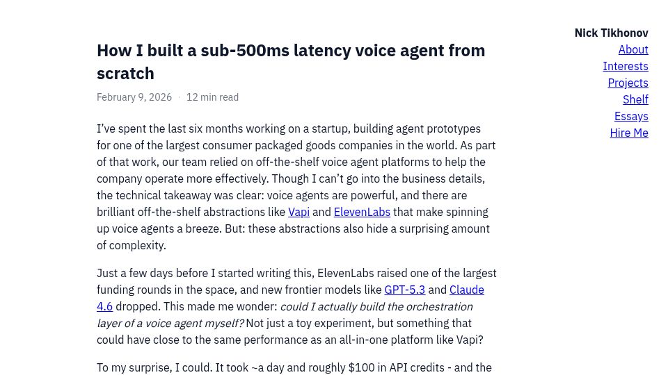 Screenshot of ntik.me: Show HN: I built a sub-500ms latency voice agent from scratch