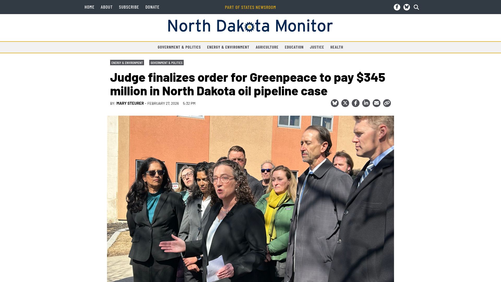 Screenshot of northdakotamonitor.com: Judge finalizes order for Greenpeace to pay $345M in ND oil pipeline case