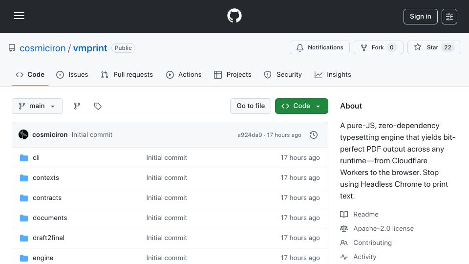 Screenshot of github.com: Show HN: I built a zero-browser, pure-JS typesetting engine for bit-perfect PDFs