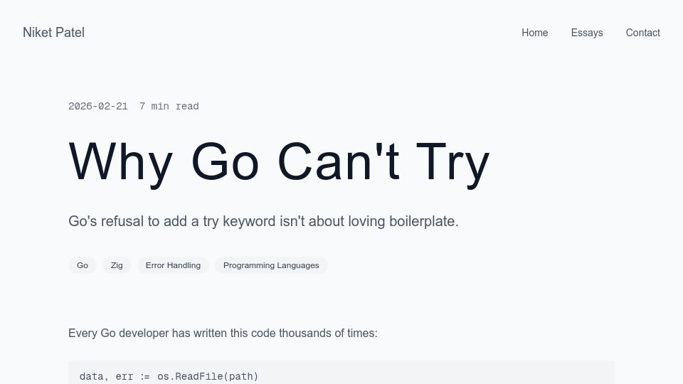 Screenshot of niketpatel.com: Why Go Can't Try