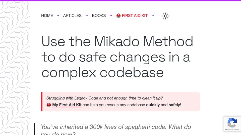 Screenshot of understandlegacycode.com: Use the Mikado Method to do safe changes in a complex codebase