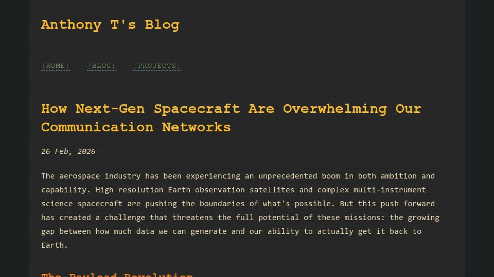Screenshot of atempleton.bearblog.dev: Next-gen spacecraft are overwhelming communication networks