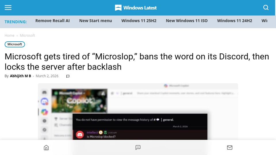 Screenshot of windowslatest.com: “Microslop” filtered in the official Microsoft Copilot Discord server