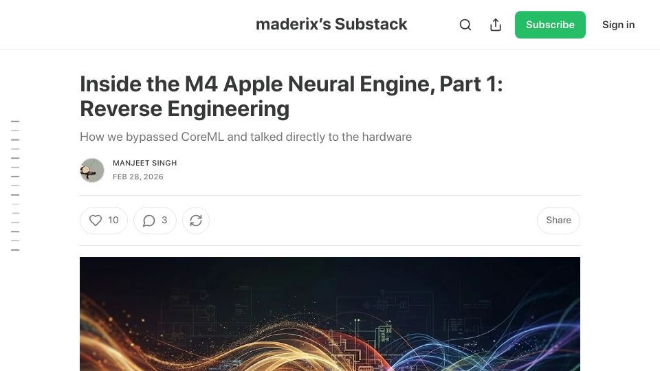 Screenshot of maderix.substack.com: Inside the M4 Apple Neural Engine, Part 1: Reverse Engineering