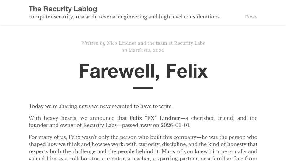 Screenshot of blog.recurity-labs.com: Felix "fx" Lindner has died